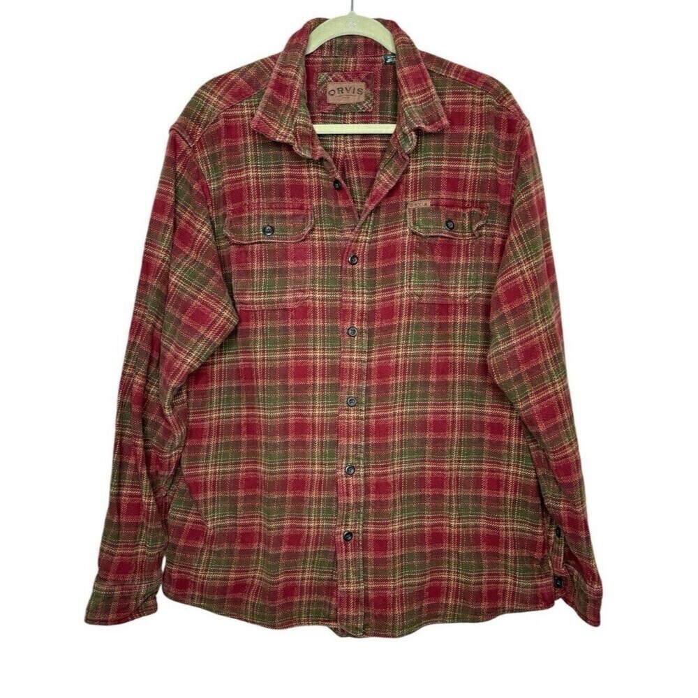 Orvis Men's Big Bear Flannel Shirt Plaid w Hand Warmer Pockets Sz XL Burgundy